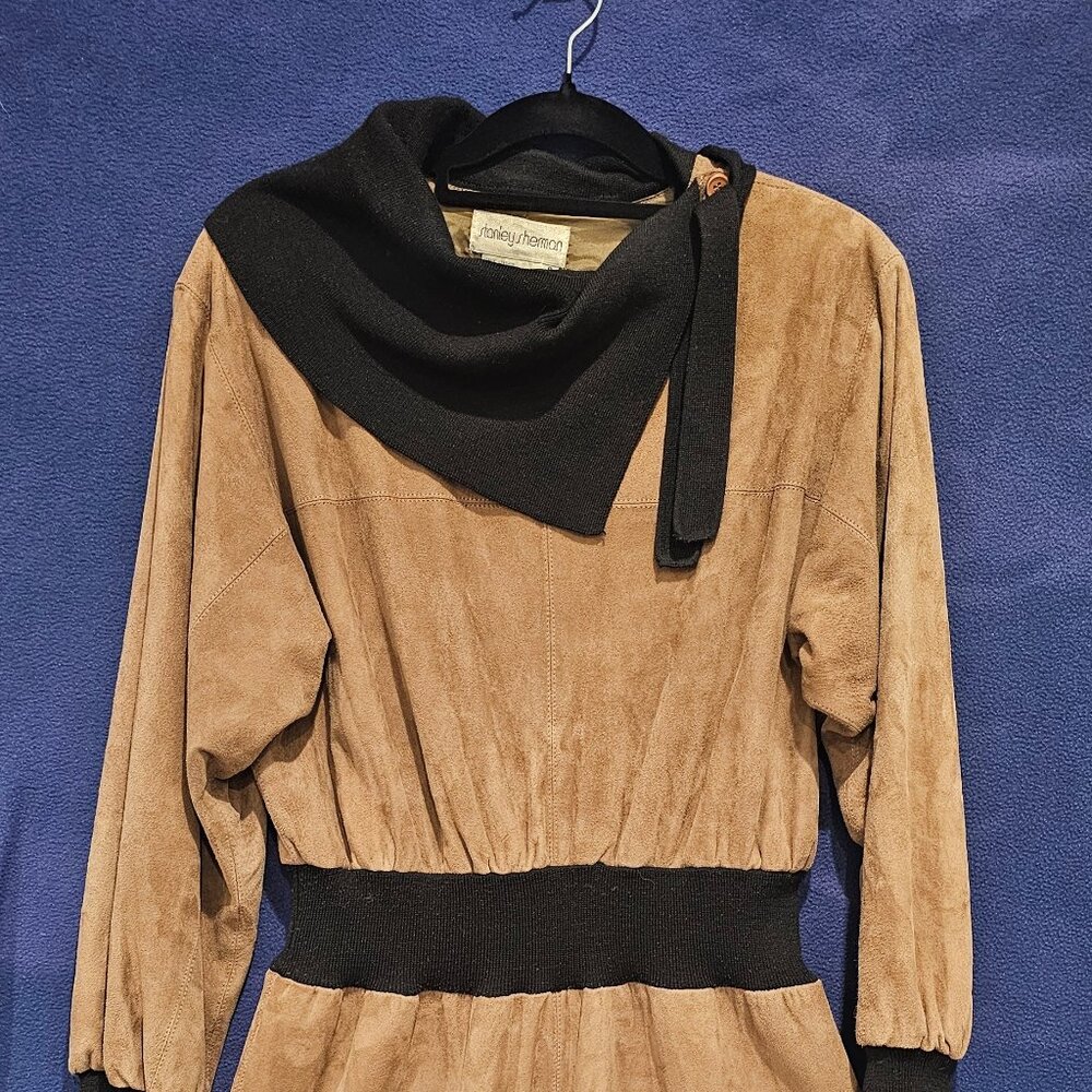 Vtg Stanley Sherman Leather Midi Dress Size 8 Brown Cowl Neck Y2K Fashion